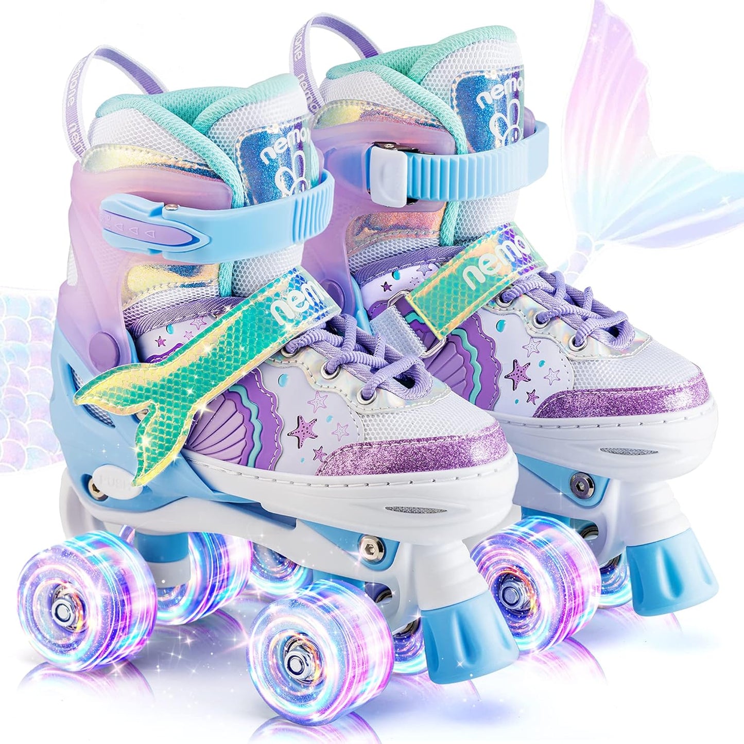 NEMONE Mermaid Adjustable Light Up Roller Skates for Girls