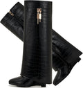 Fold Over Boots for Women Pointy Pull-on Wedge Heel Knee Boots