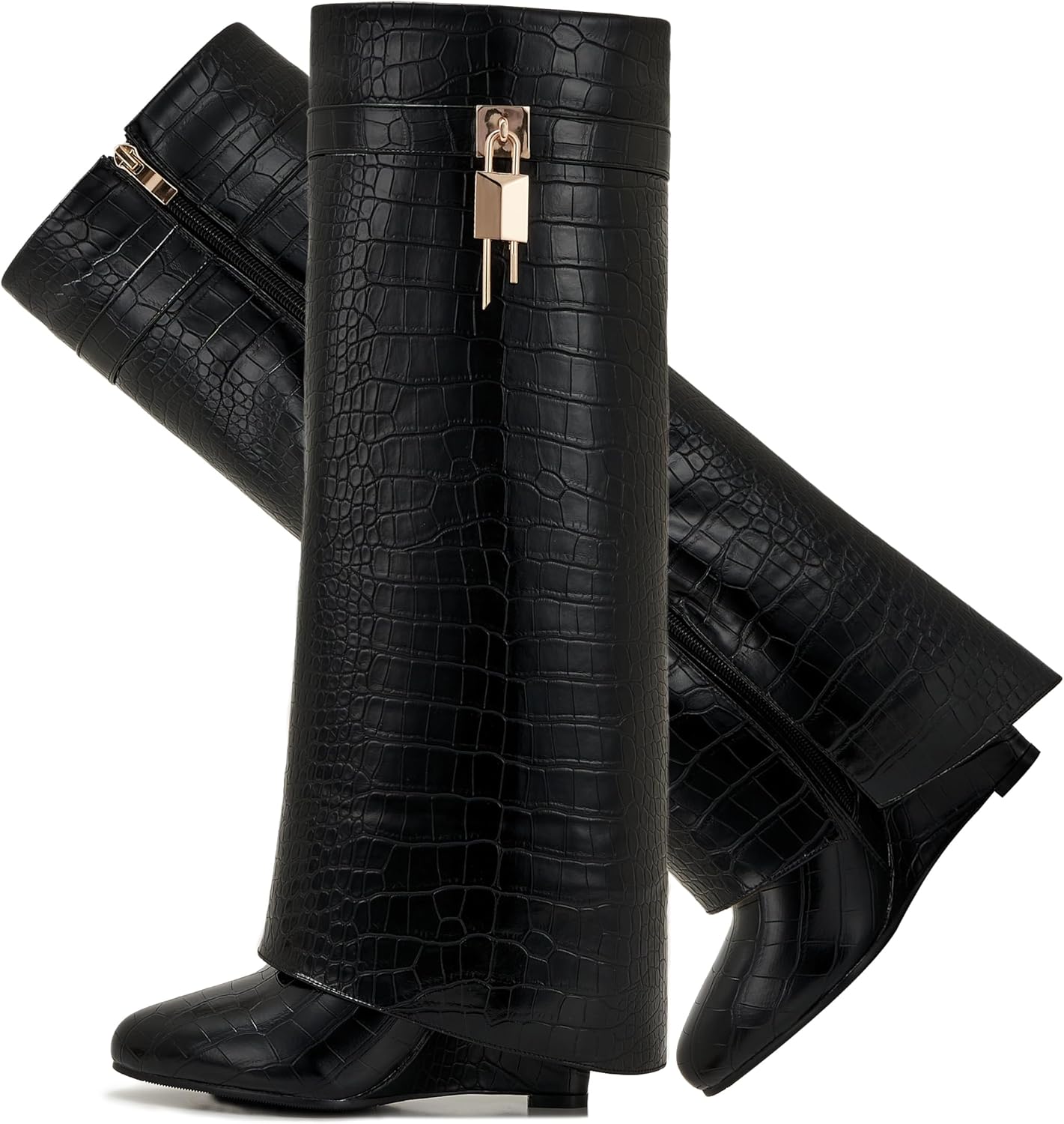 Fold Over Boots for Women with Pointy Wedge Heel Design