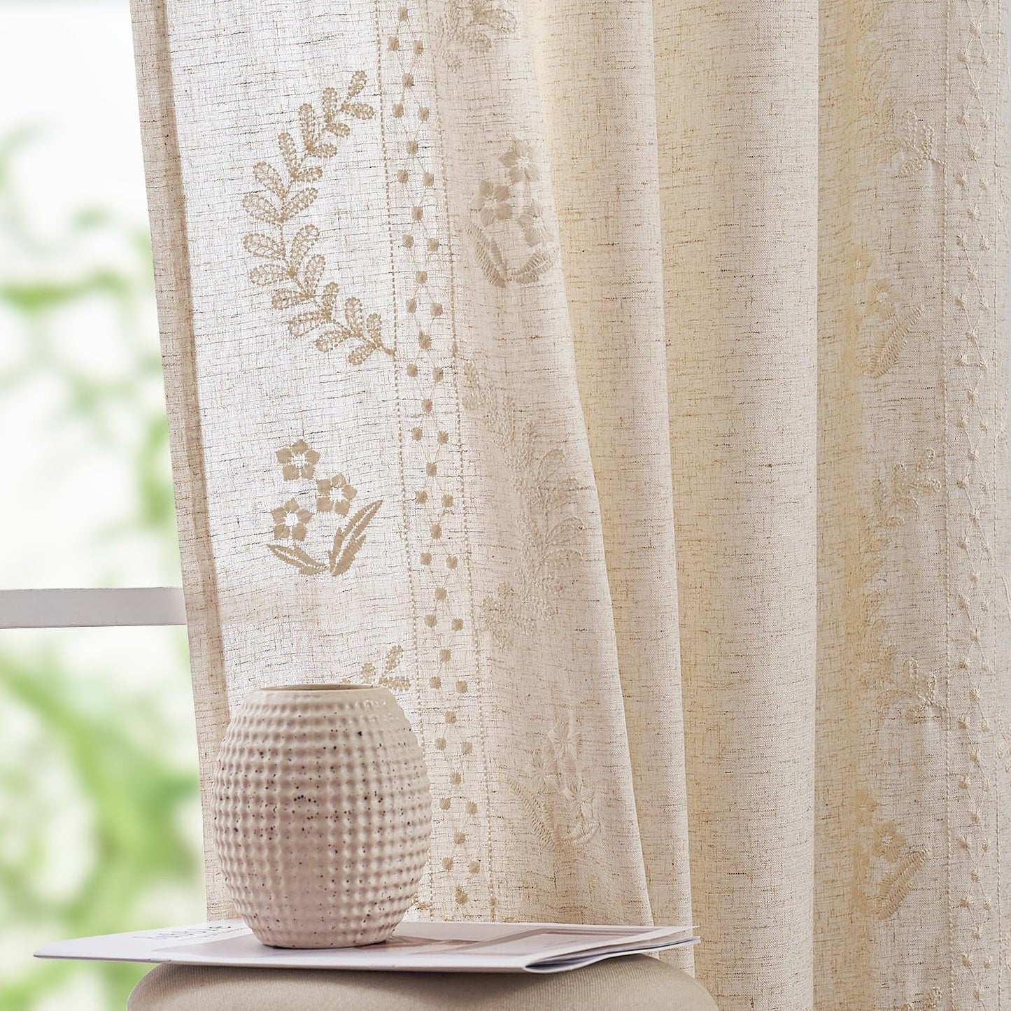 Floral Linen Curtains for Bedroom with Embroidered Design