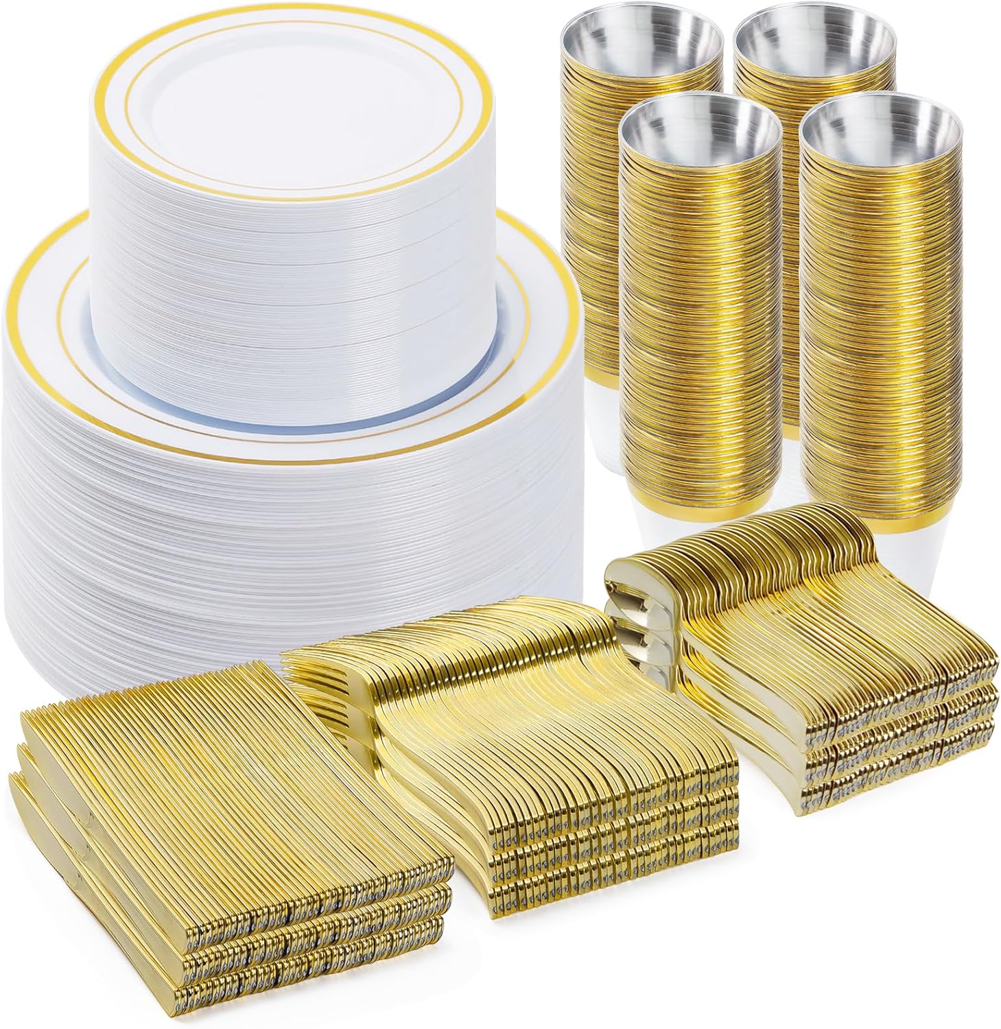600PCS Gold Dinnerware Set for 100 Guests - Elegant Plastic Plates