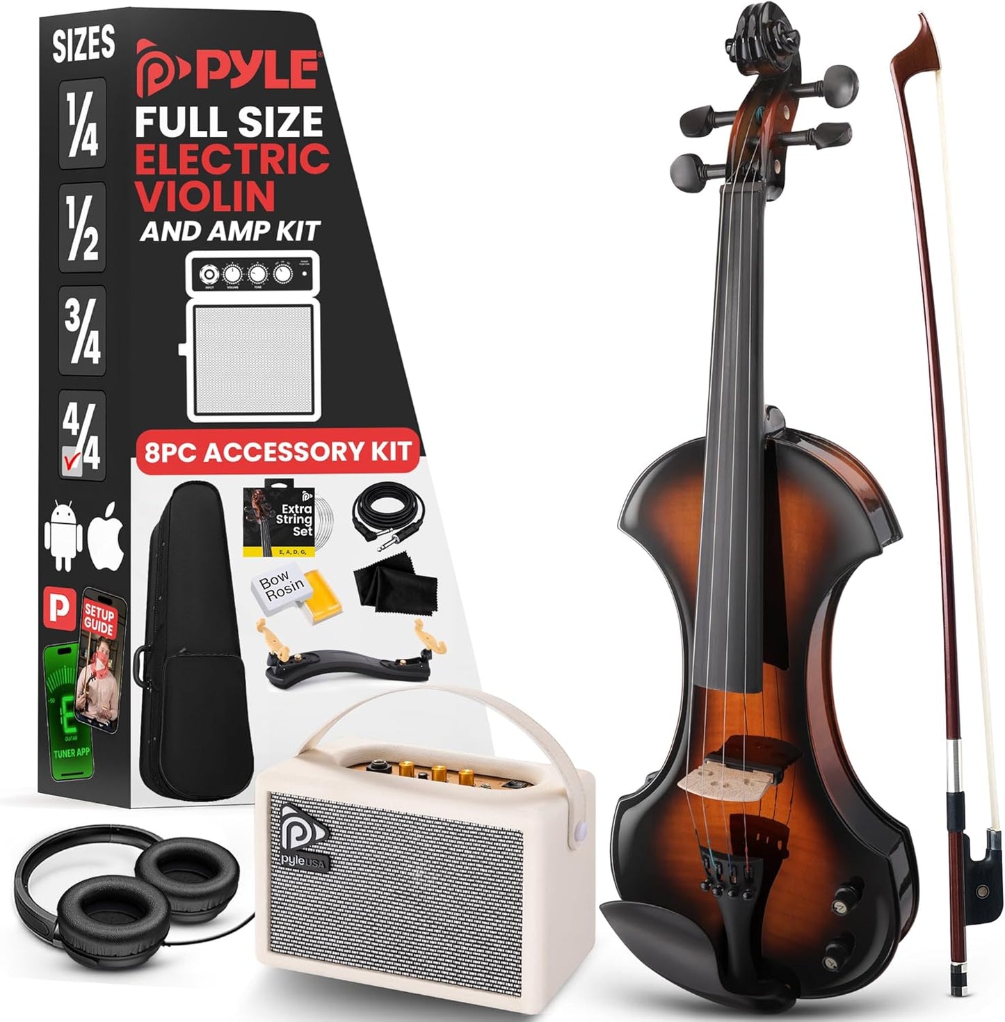 Pyle 4/4 Silent Electric Violin with Amplifier Kit for All