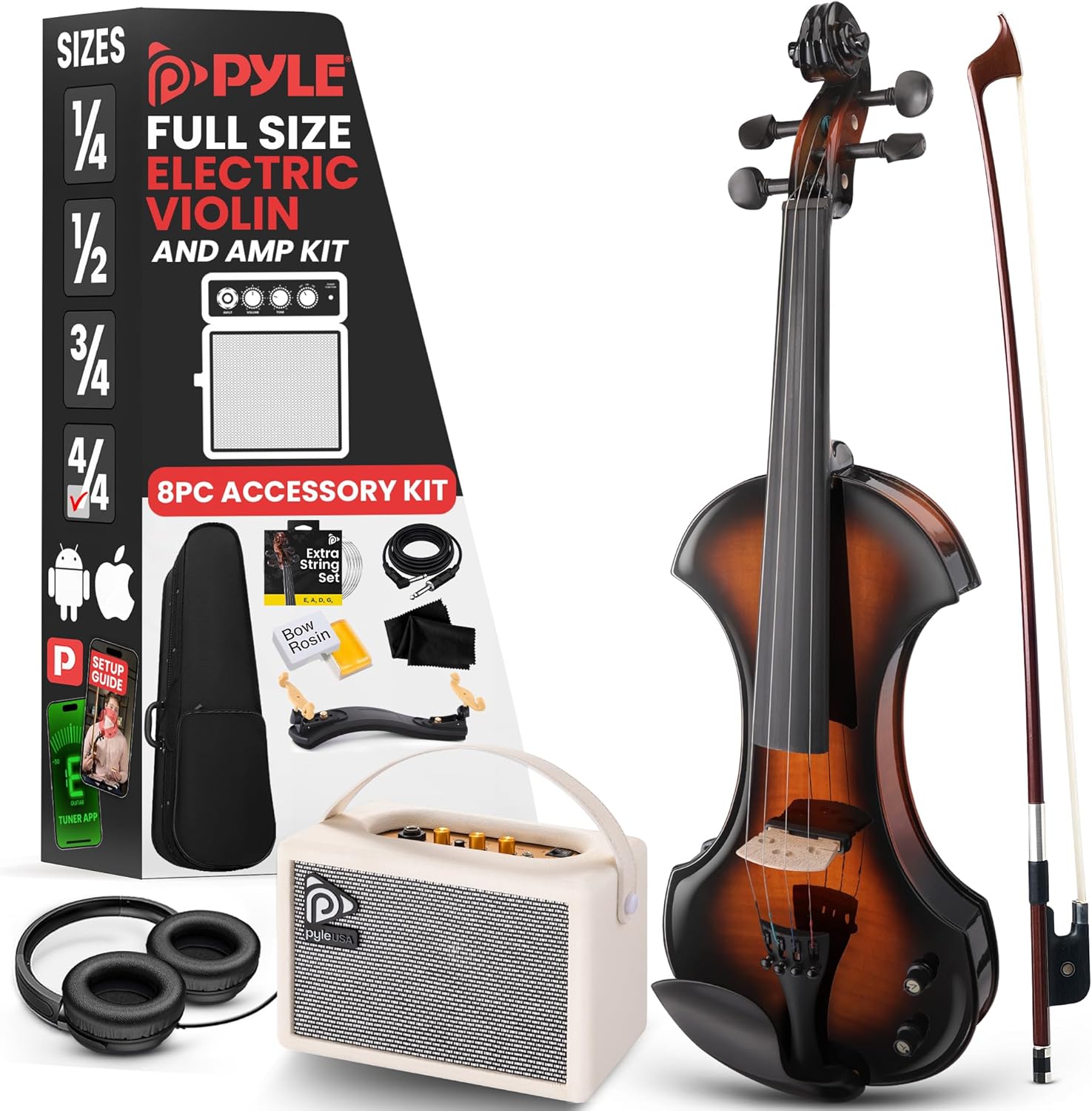 Pyle 4/4 Silent Electric Violin with Amplifier Kit for All