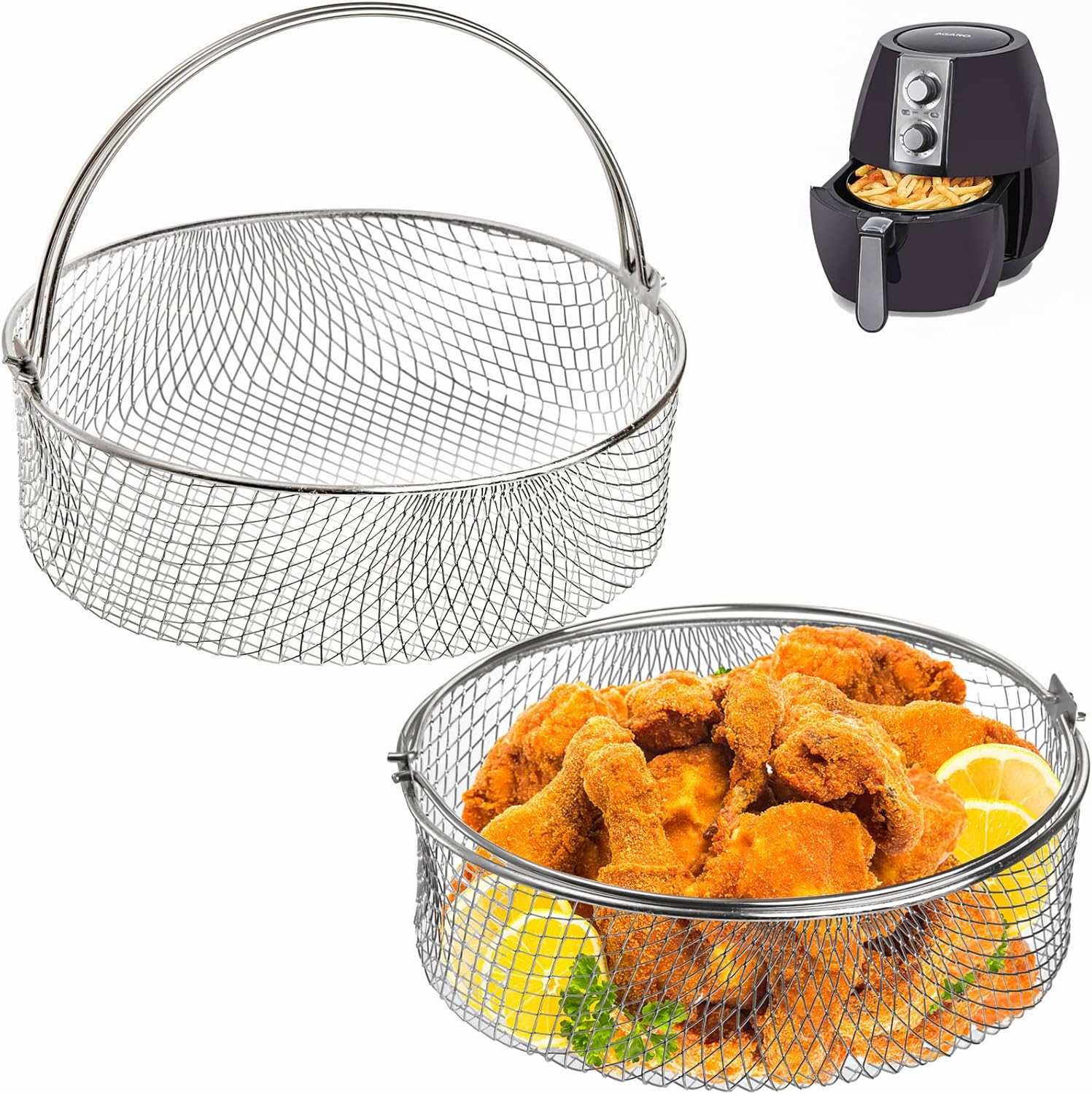 2 Pack Stainless Steel Air Fryer Baskets - Crispy & Healthy Cooking