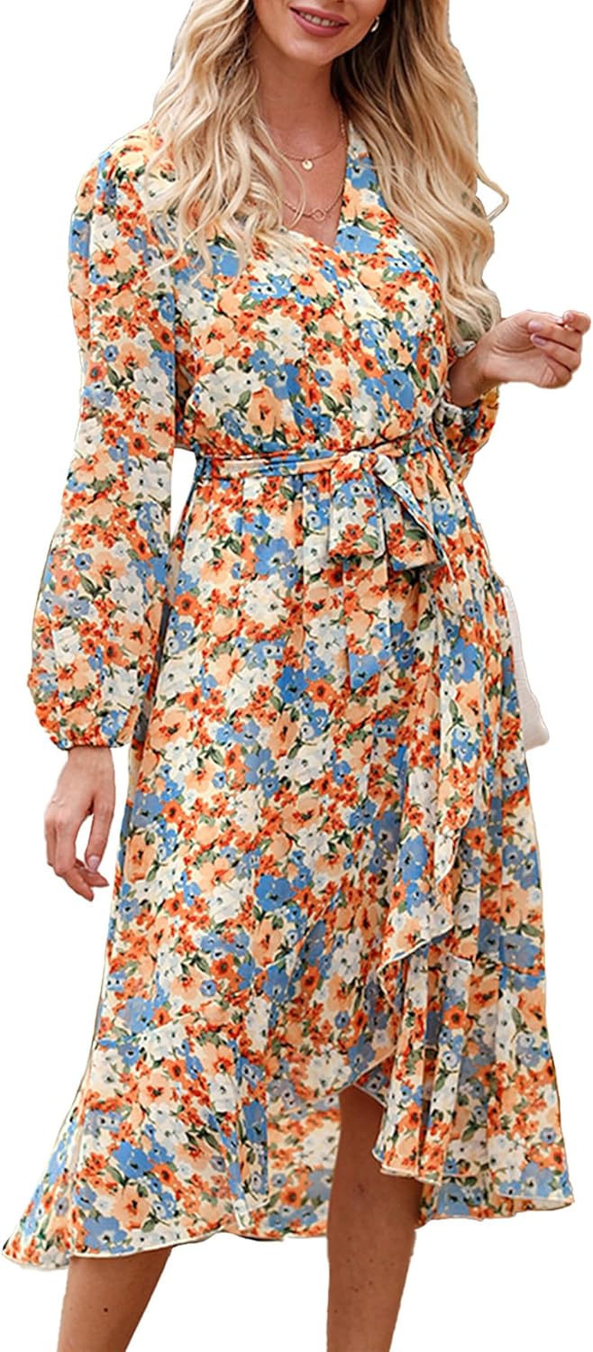 Floral Boho Dress for Women - Long Sleeve Maxi Wrap Style