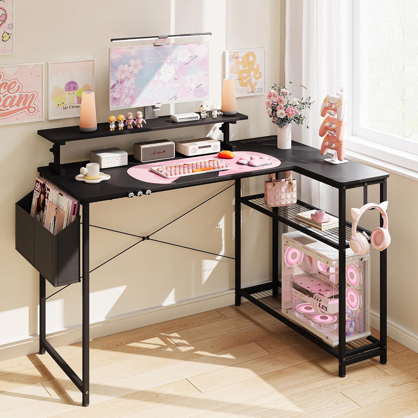 Dowinx L-Shaped Gaming Desk with Cat Accessories