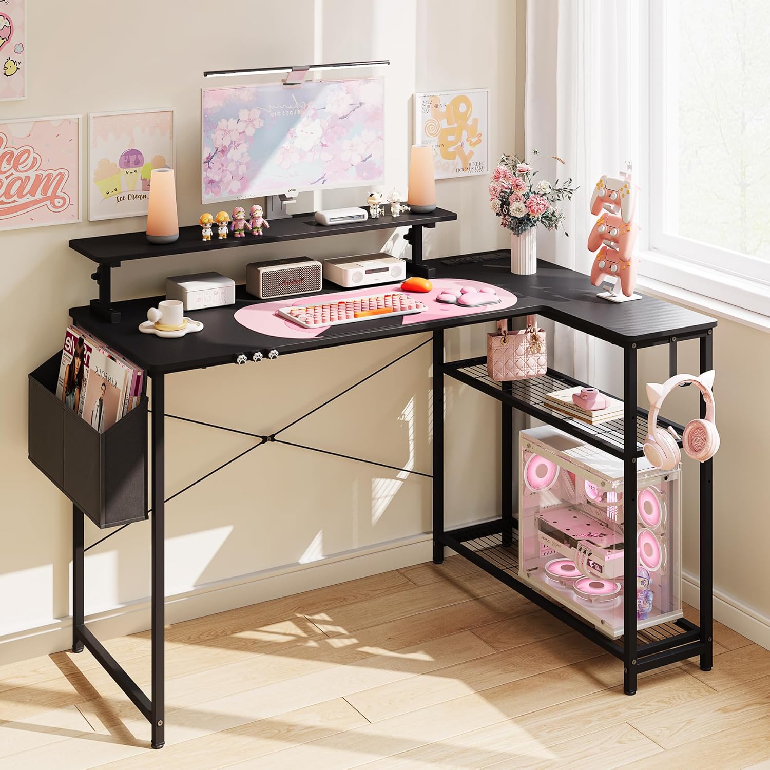 Dowinx L-Shaped Gaming Desk with Cat Accessories