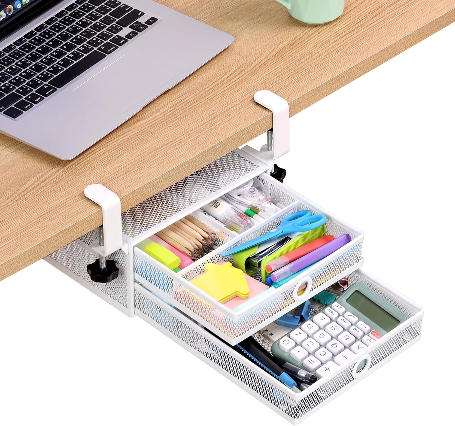 2-Tier Clamp-On Mesh Organizer for Under Desk Storage Needs