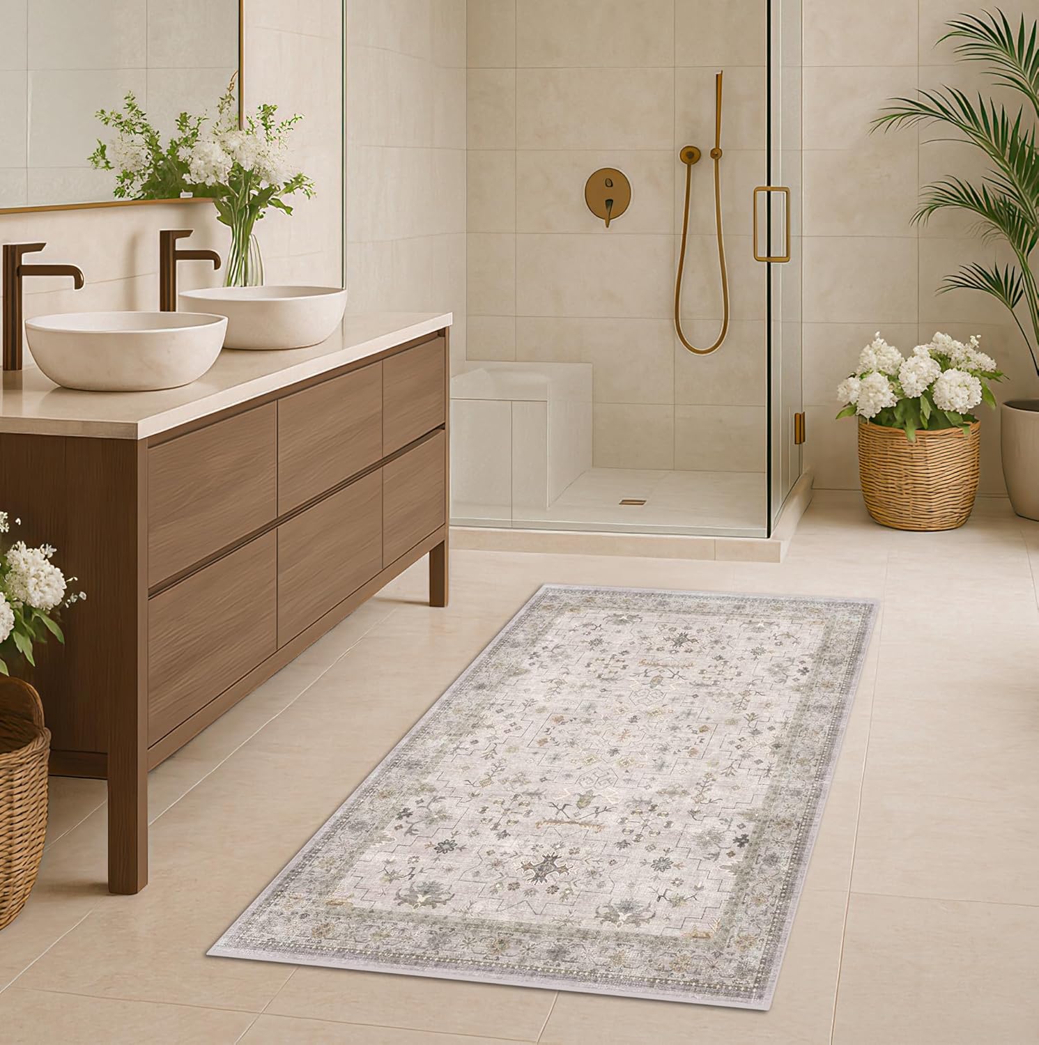 Light Grey 3x6 Large Boho Bathroom Rug for Modern Spaces