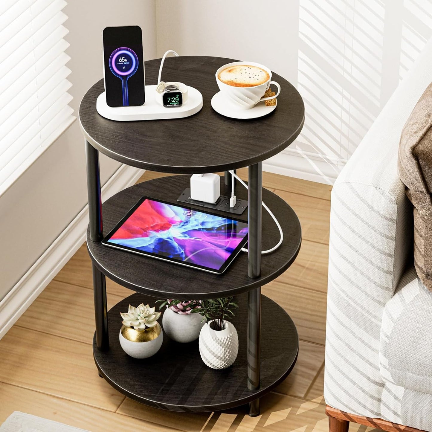 Small Round End Table with USB Ports for Compact Spaces