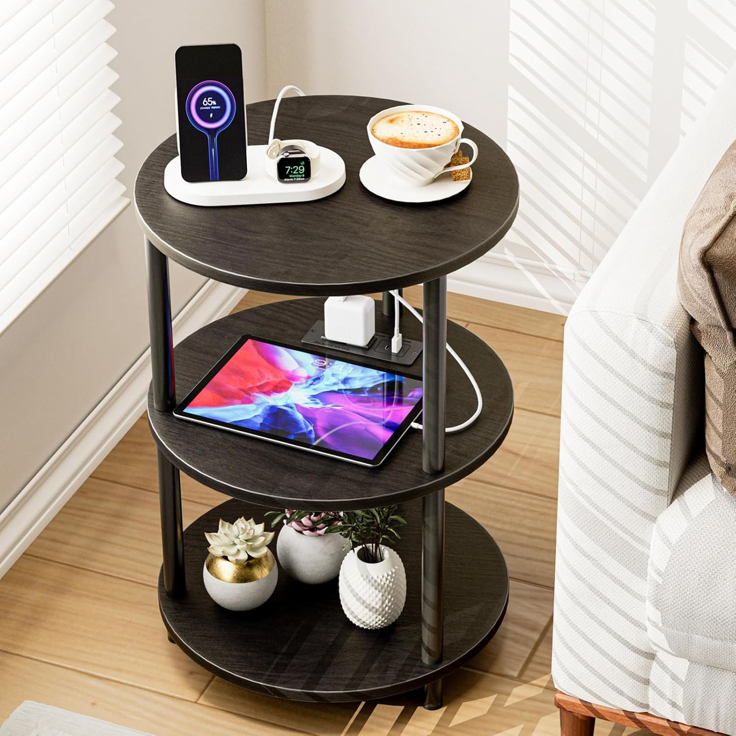 Small Round End Table with USB Ports for Compact Spaces