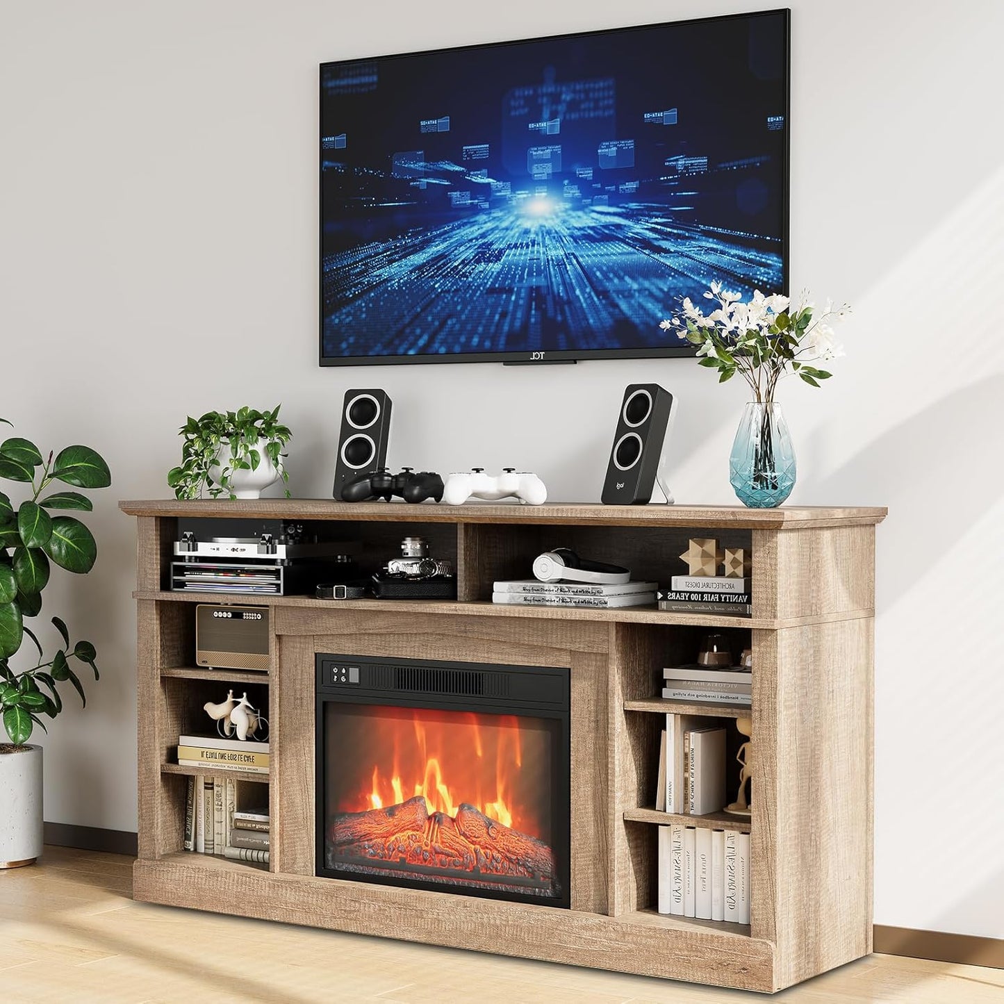 Modern Entertainment Stand w/ Electric Fireplace & Remote - Fits up to 65 TVs - GarveeHome