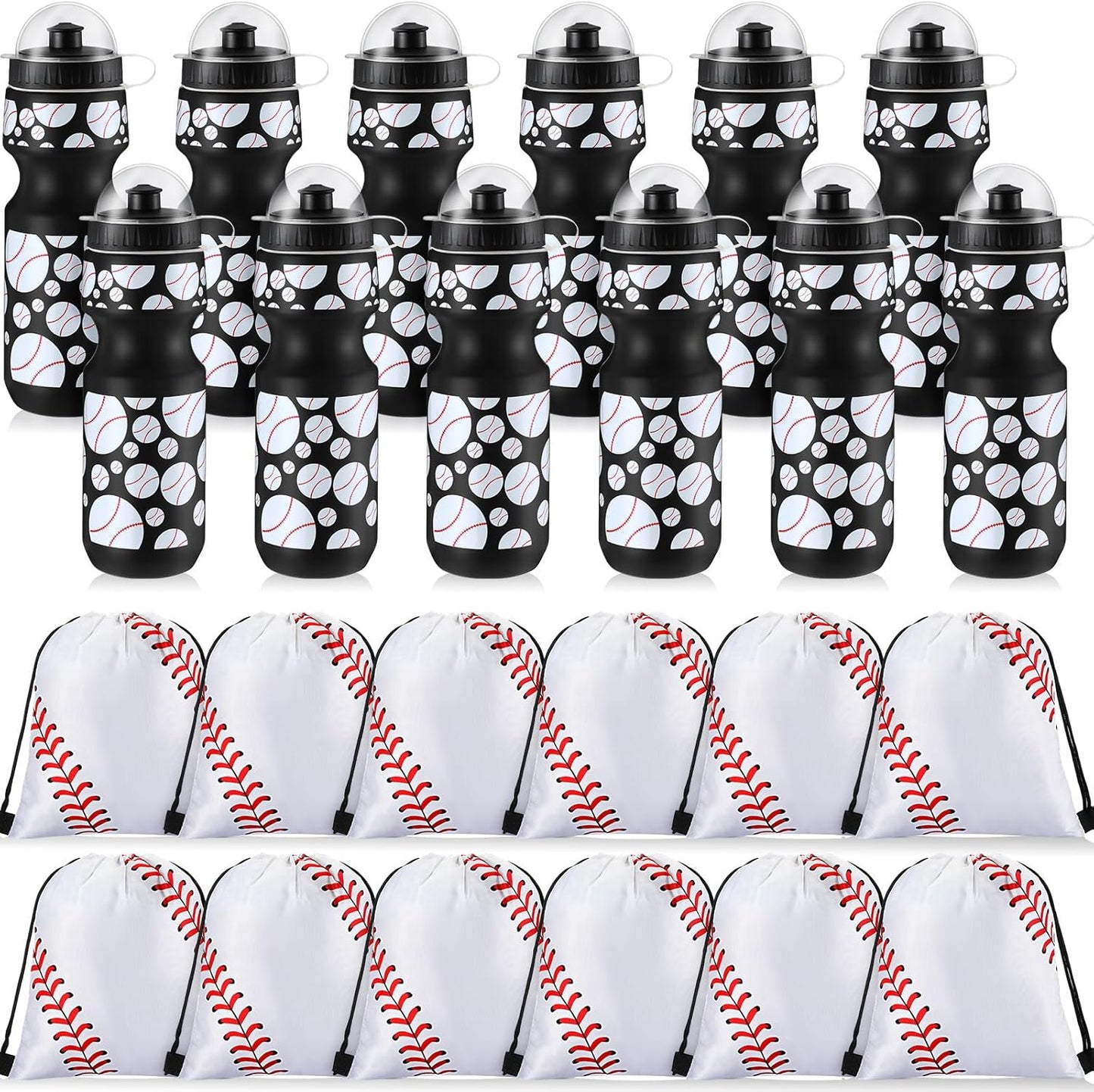 24 Pcs Baseball Water Bottle Set with Drawstring Bags for Sports