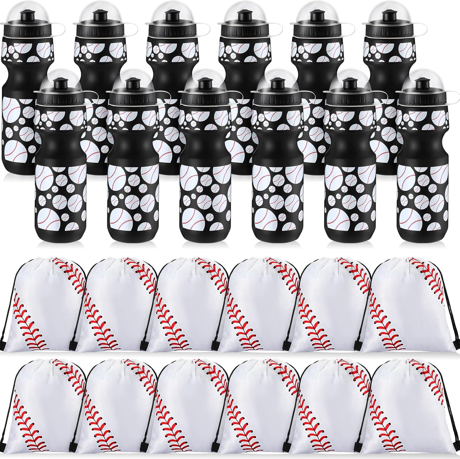 24 Pcs Baseball Water Bottle Set with Drawstring Bags for Sports