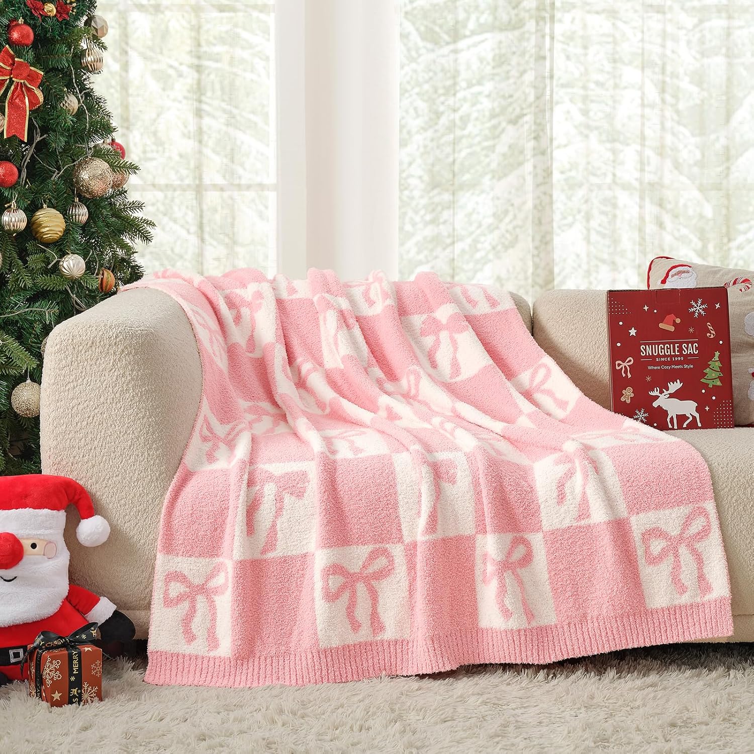 Snuggle Sac Bow Throw Blanket - Cozy Microfiber Checkerered Design