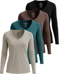 Women's Long Sleeve Dry Fit V-Neck Athletic T-Shirt 4-Pack - Active