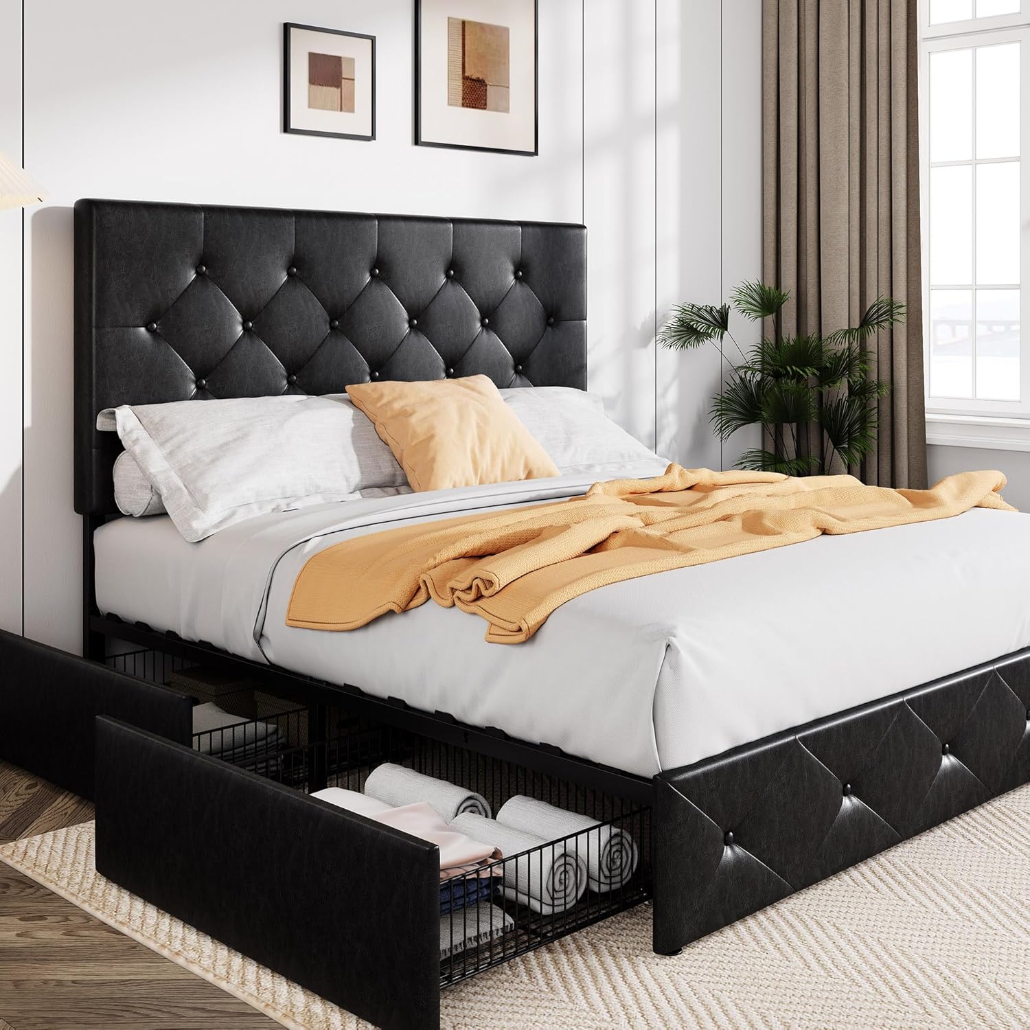 Allewie Upholstered Queen Size Platform Bed Frame with Storage