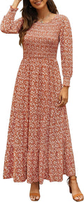Women's Fall Casual Long Sleeve Maxi Dress - Smocked Boho Floral