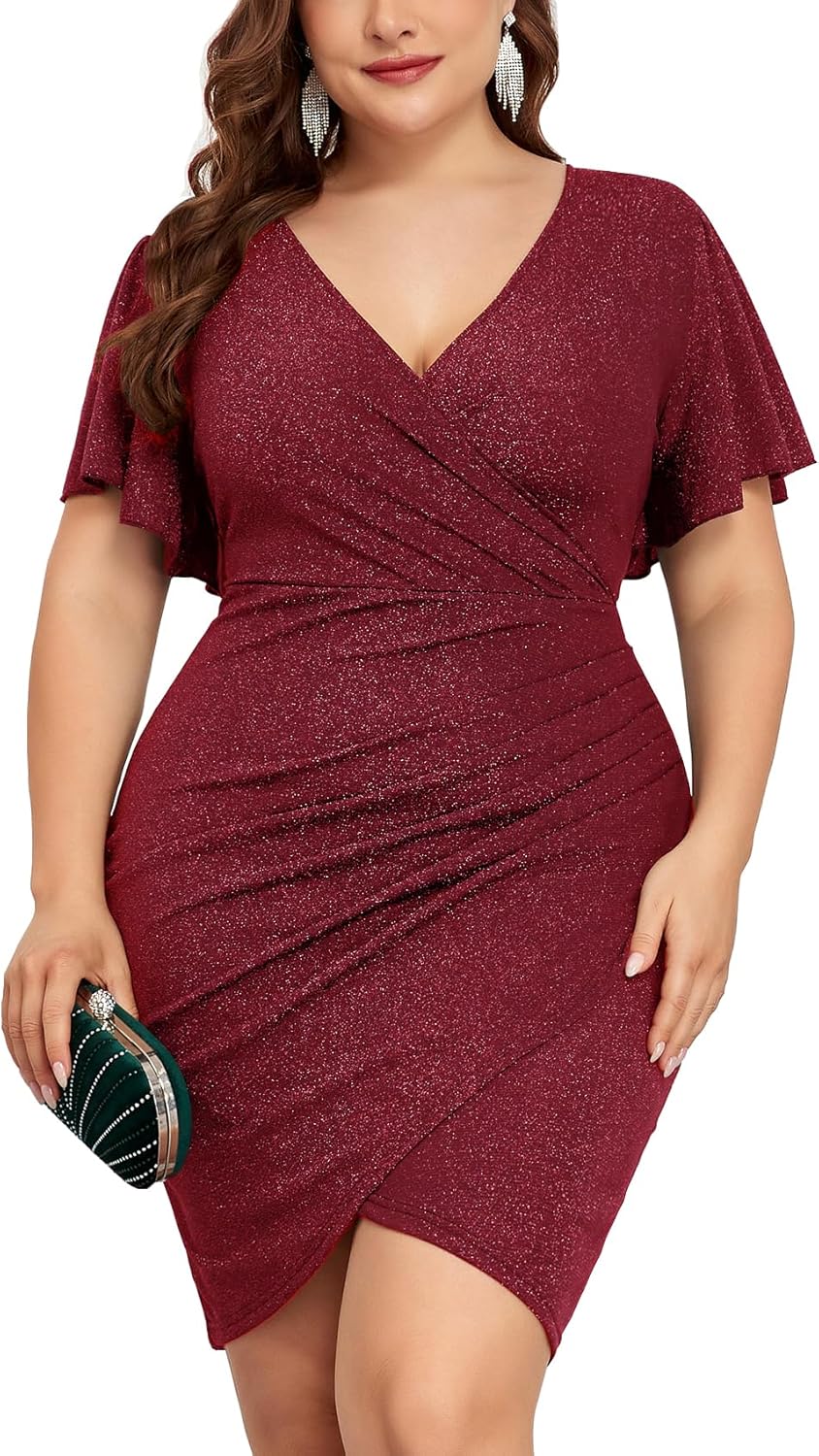 Plus Size Sparkly Glitter Ruched Bodycon Mini Dress for Parties
