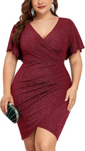 Plus Size Sparkly Glitter Ruched Wrap V-Neck Mini Dress - Curve