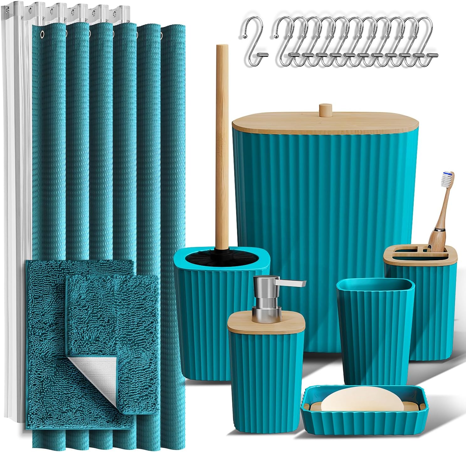 Teal Bathroom Accessories Set with Shower Curtain and Rugs