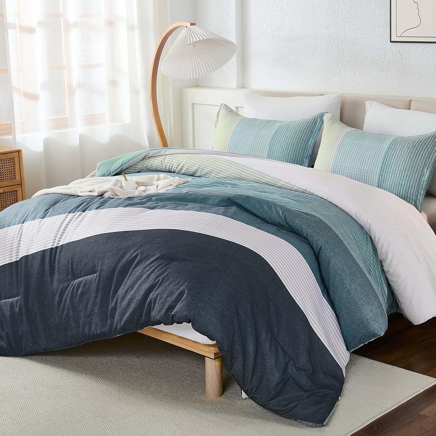 WONGS BEDDING Blue Striped Patchwork Comforter Set for Queen