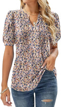 Micoson Womens V Neck Puff Short Sleeve Pleated T Shirts Fashion