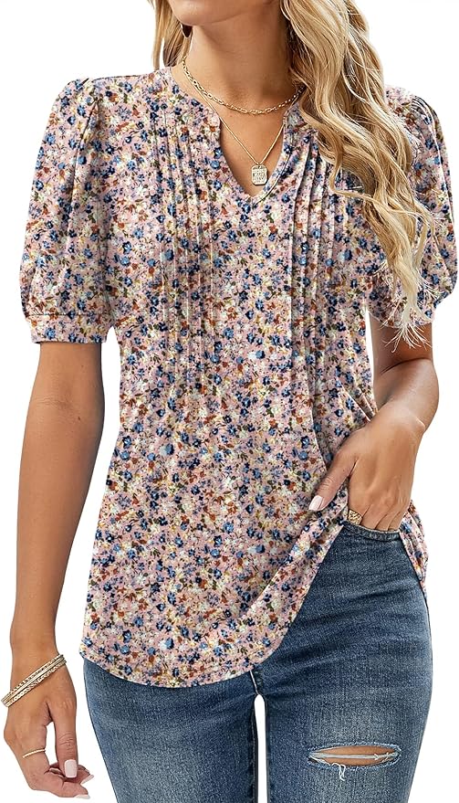 Micoson Womens V Neck Puff Short Sleeve Pleated T Shirts Fashion
