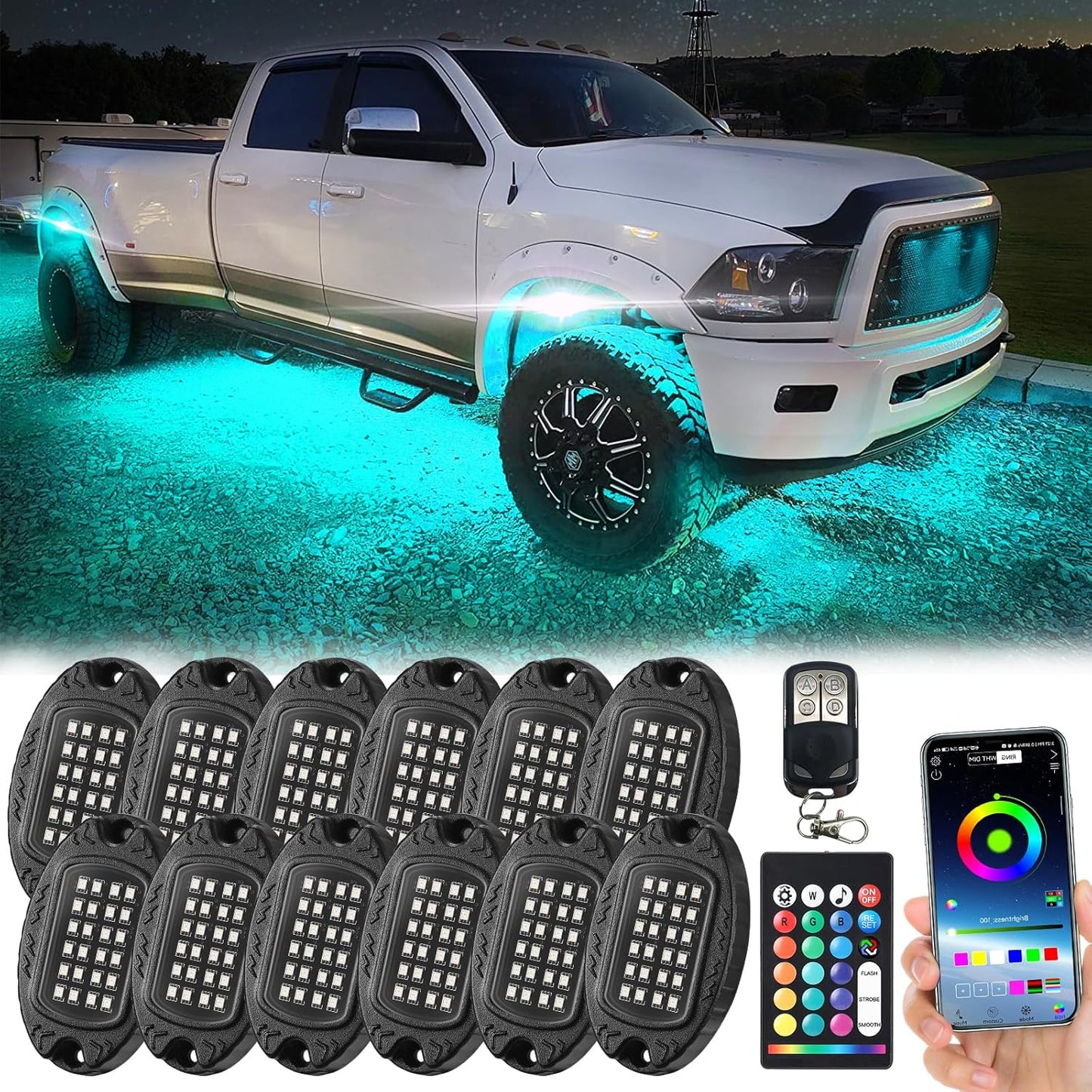 12 Pods Segmented Metal RGB LED Rock Lights Kit for Trucks
