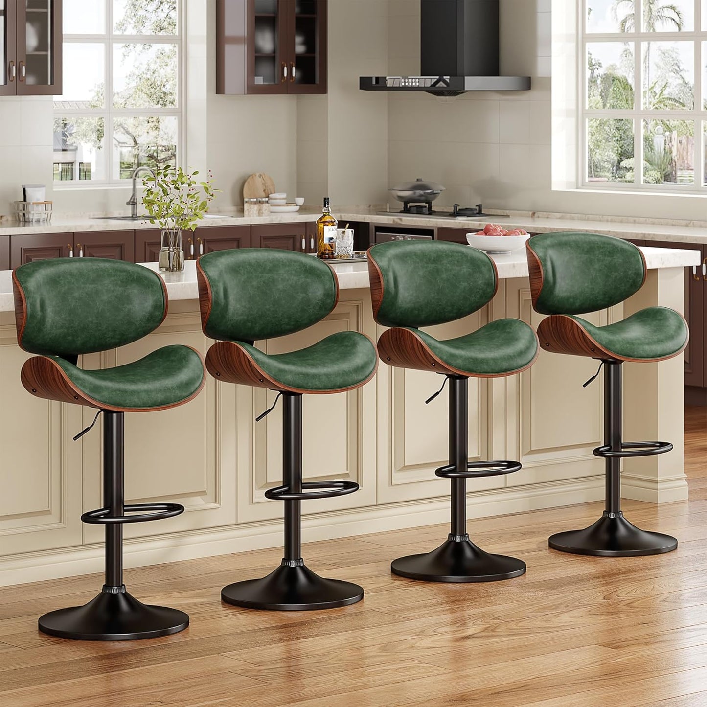 Bentwood Adjustable Height Swivel Bar Stools Set of 4 in Green