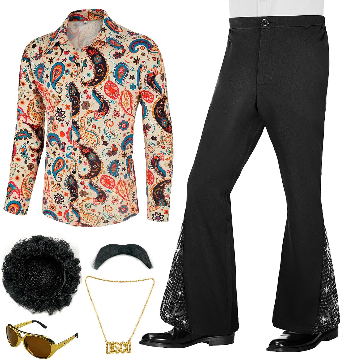 70s Outfits for Men Disco Costume with Bell Bottom Pants Set
