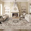 Washable Oriental Area Rug 9x12 Beige - Soft Vintage Floral Carpet