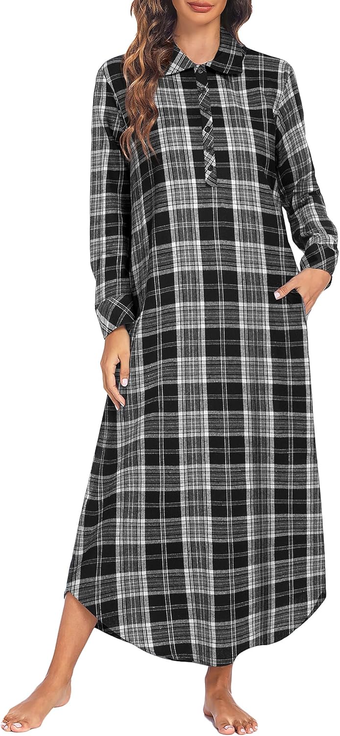 Ekouaer Women's Cotton Nightgown Long Sleeve Plaid Sleepwear