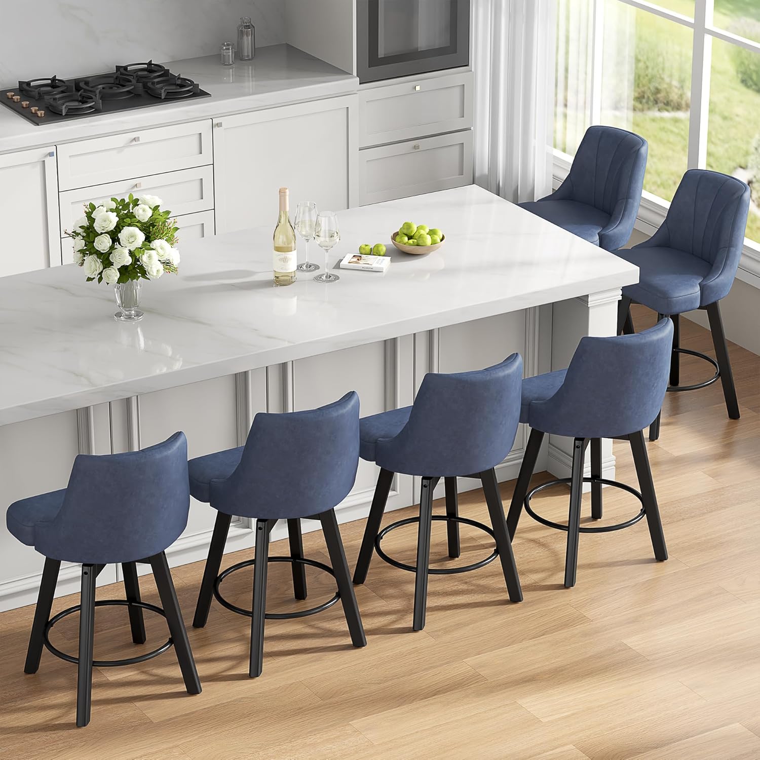 Counter Height Swivel Bar Stool Set of 6 with Solid Wood Legs