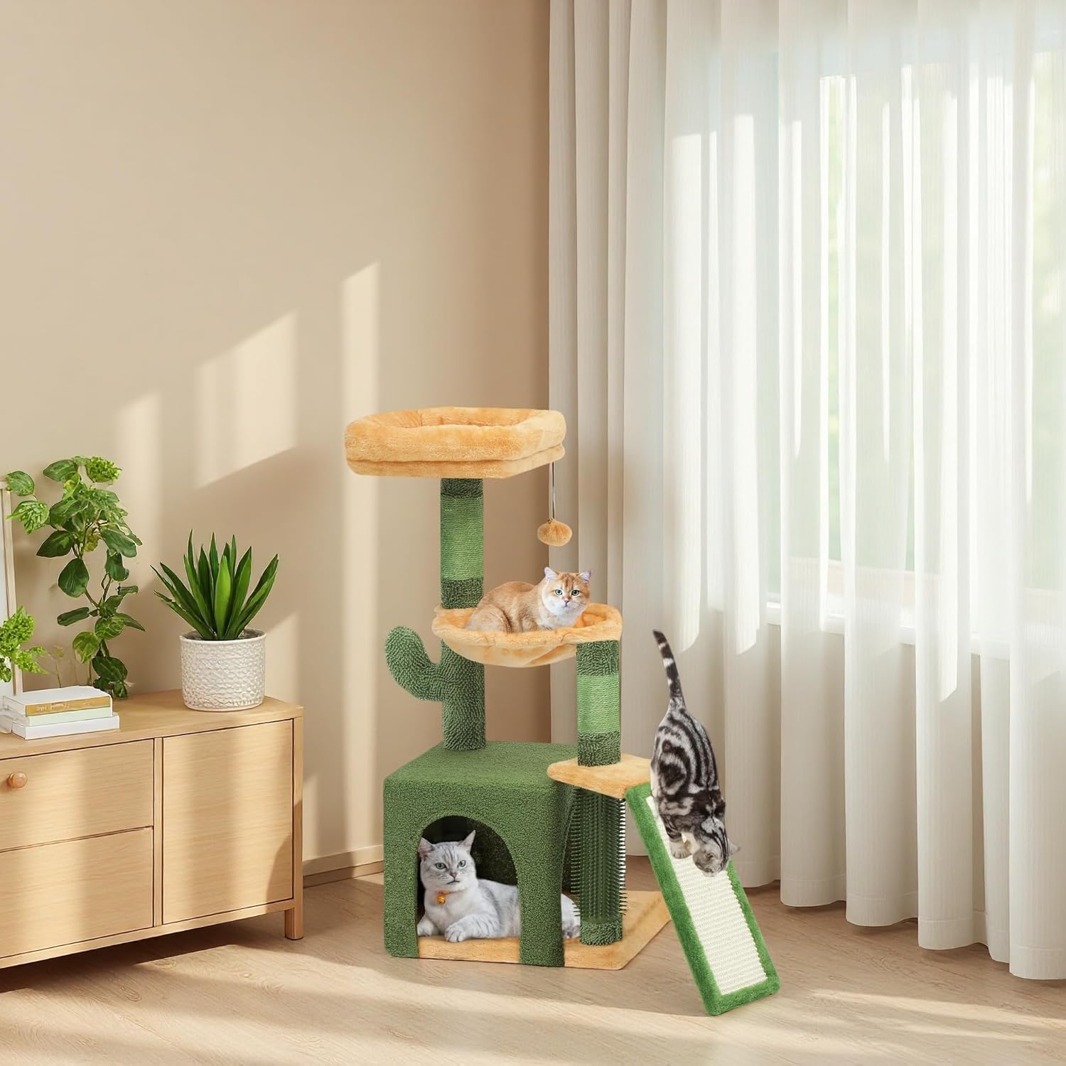 DWVO Cactus Cat Tree: 37in Tall with Self-Grooming Brush