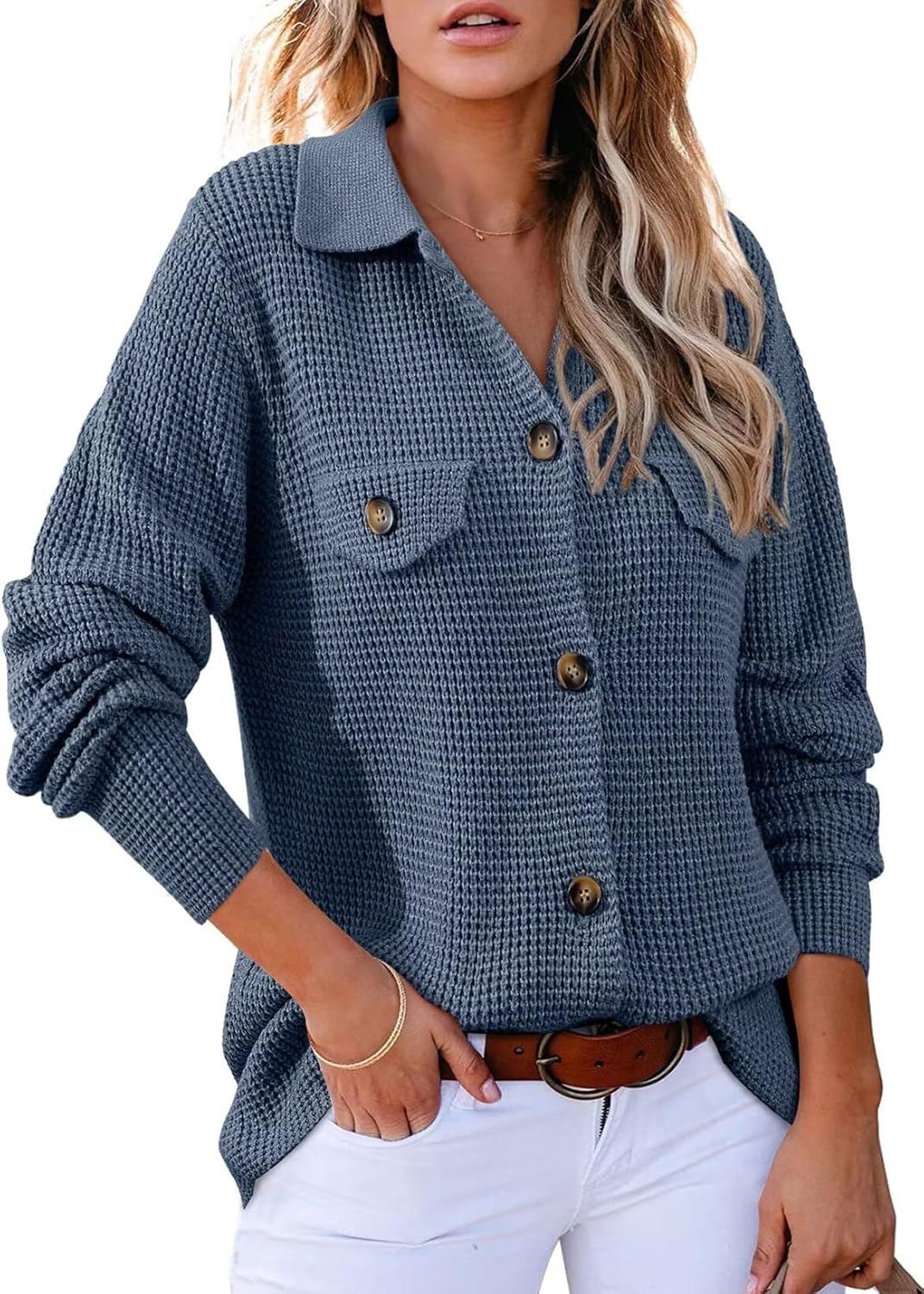 Astylish Women Waffle Knit Sweater Shacket for Fall Fashion