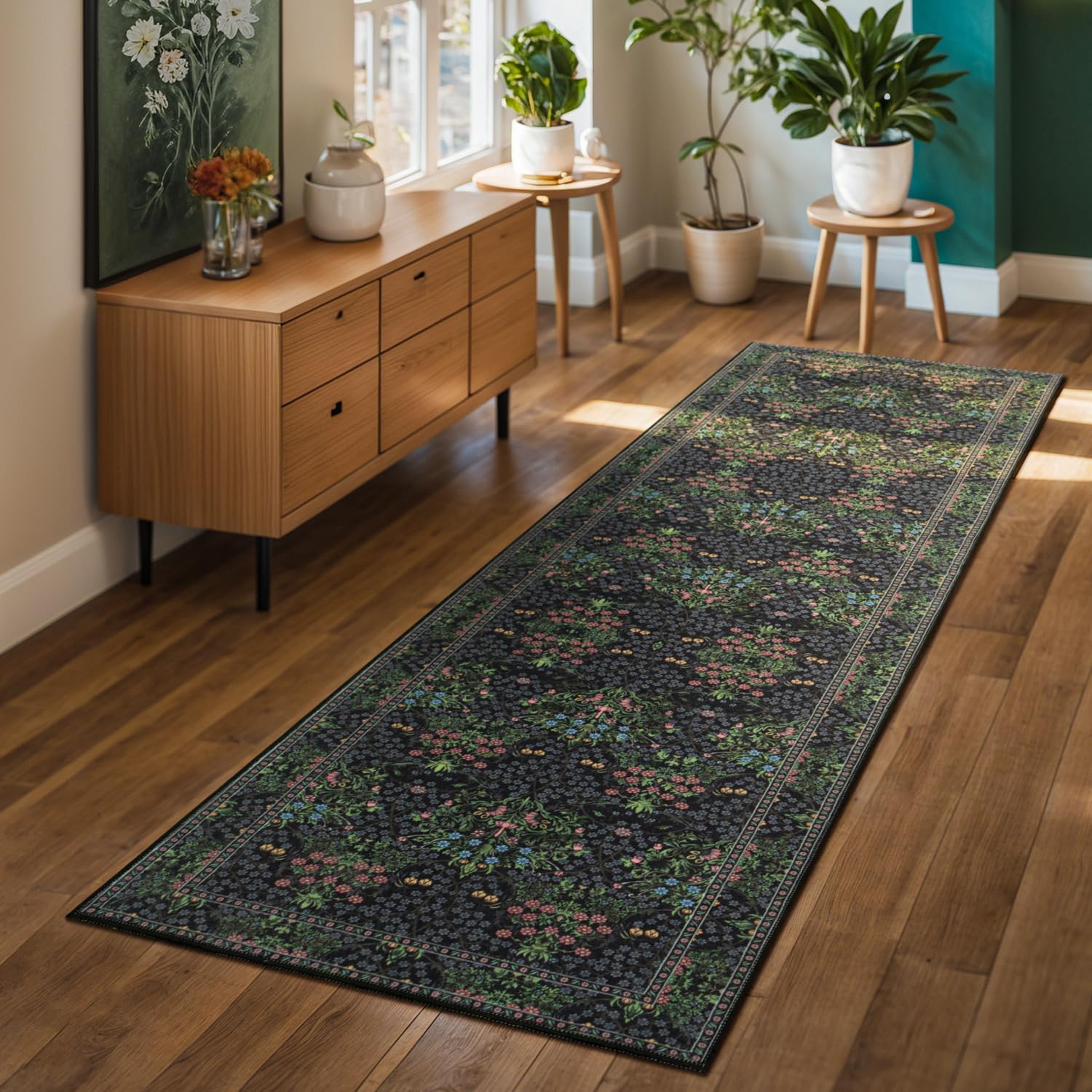 Lessymo Kitchen Runner Rug Washable Non Skid Floral Design