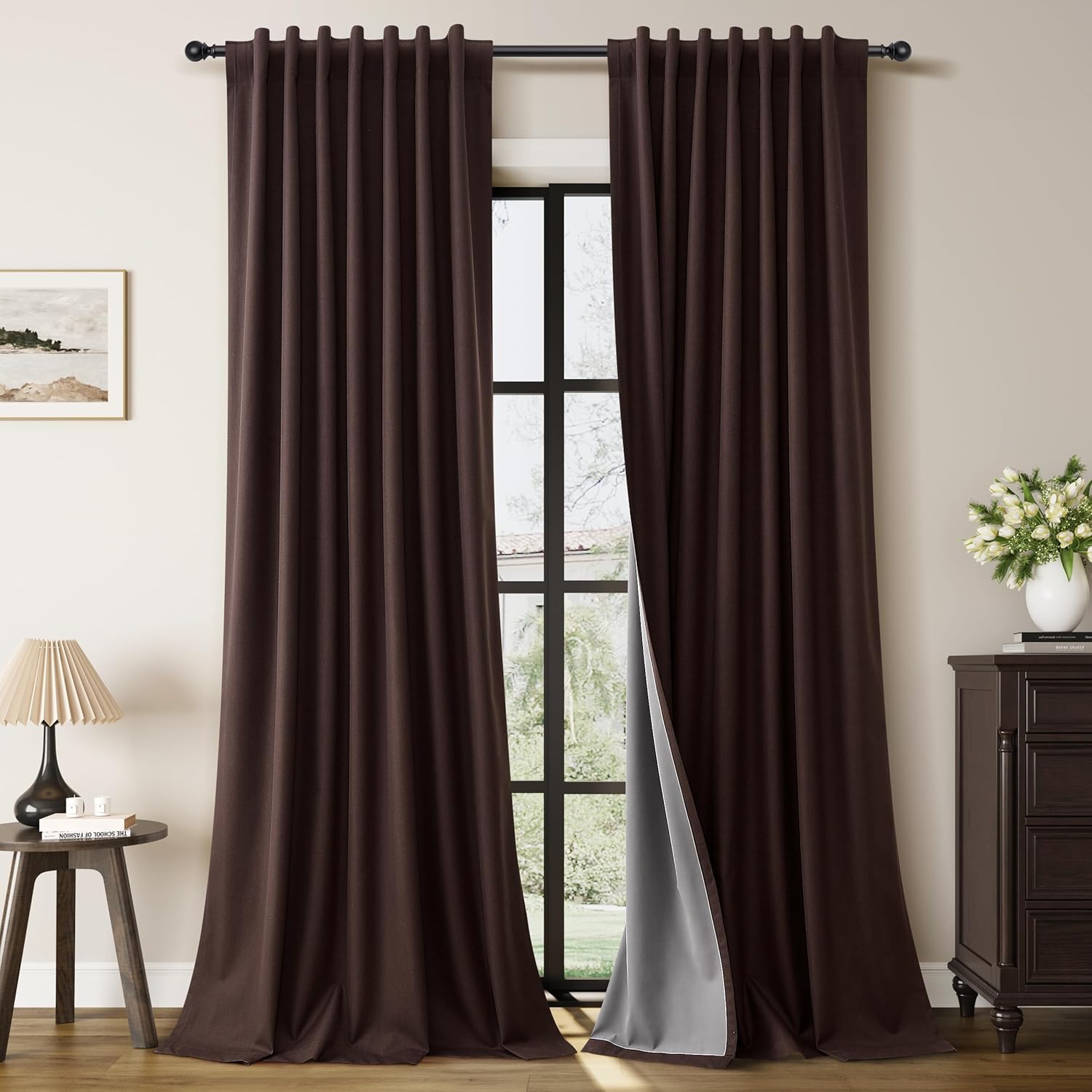 Guken Coffee Linen Blackout Curtains for Living Room 84 Inch