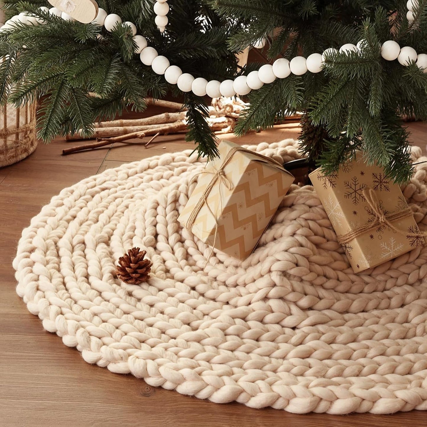 36 Inch Chunky Knit Christmas Tree Skirt for Rustic Decor
