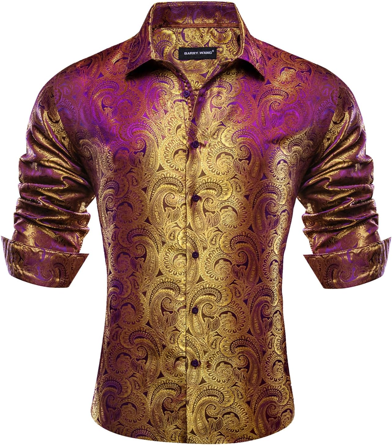 Barry.Wang Men Dress Shirts Paisley 70s Disco Silk Tops