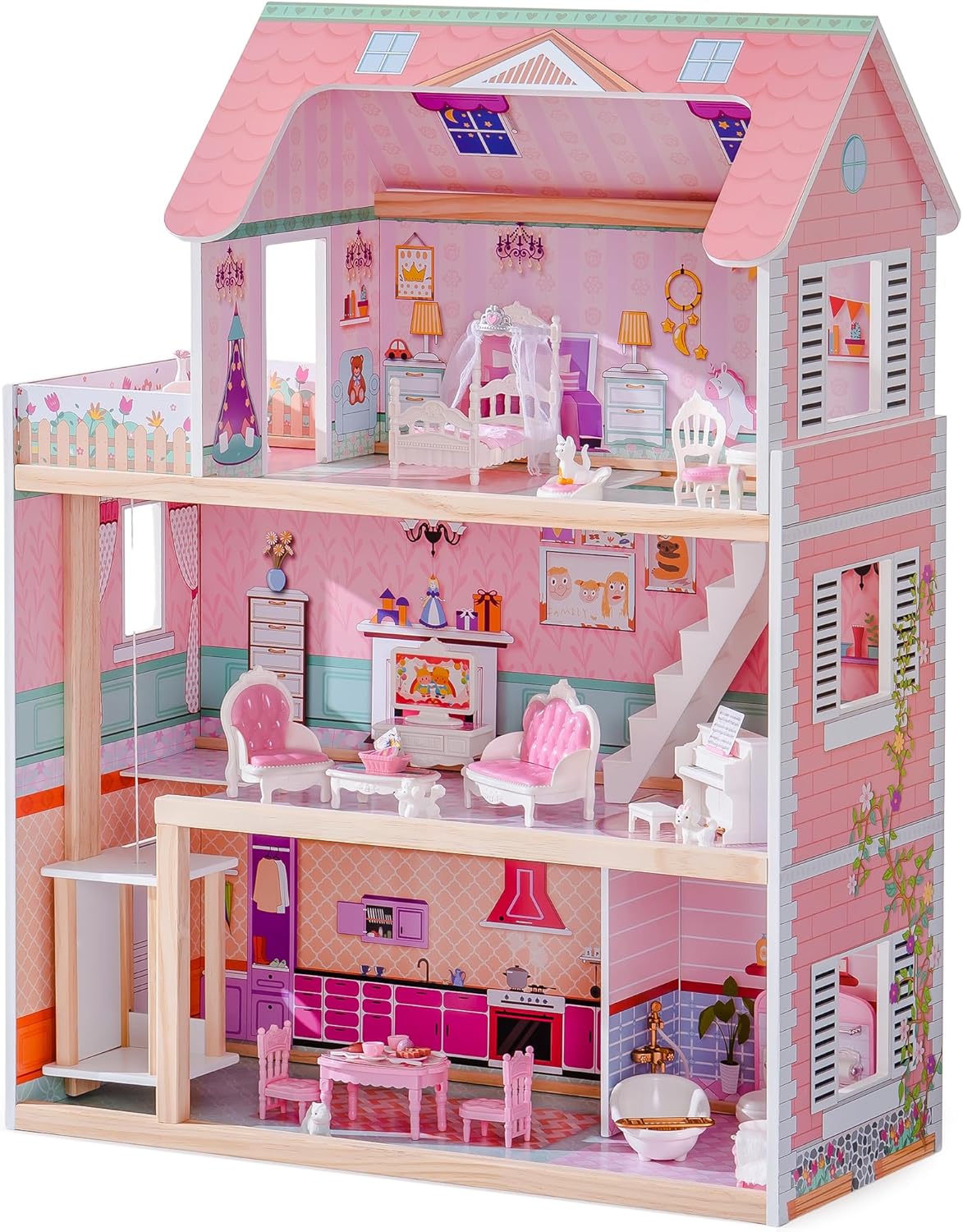 ROBUD Wooden Dollhouse with Elevator and 24 Accessories for Kids