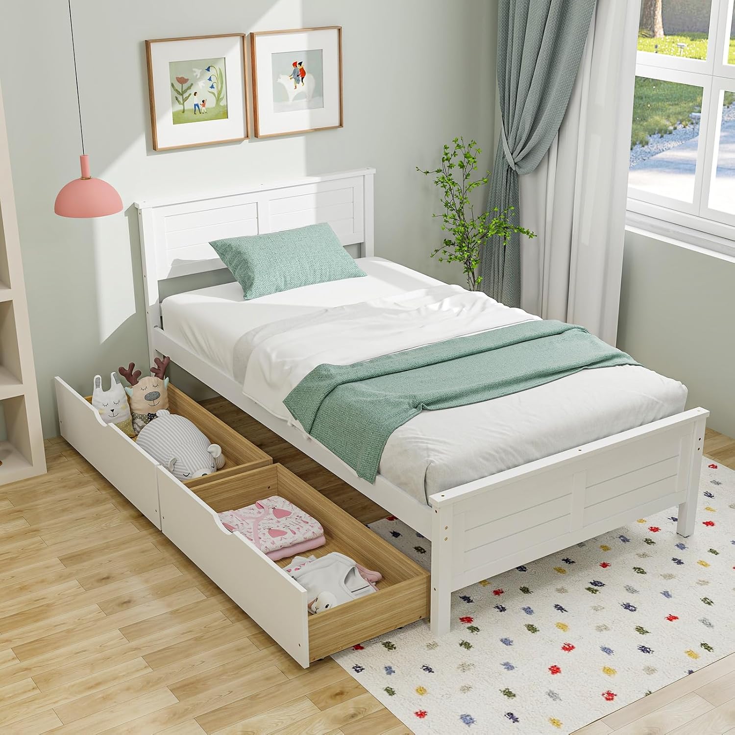 Giantex Wood Twin Bed with Storage Drawers for Kids and Adults