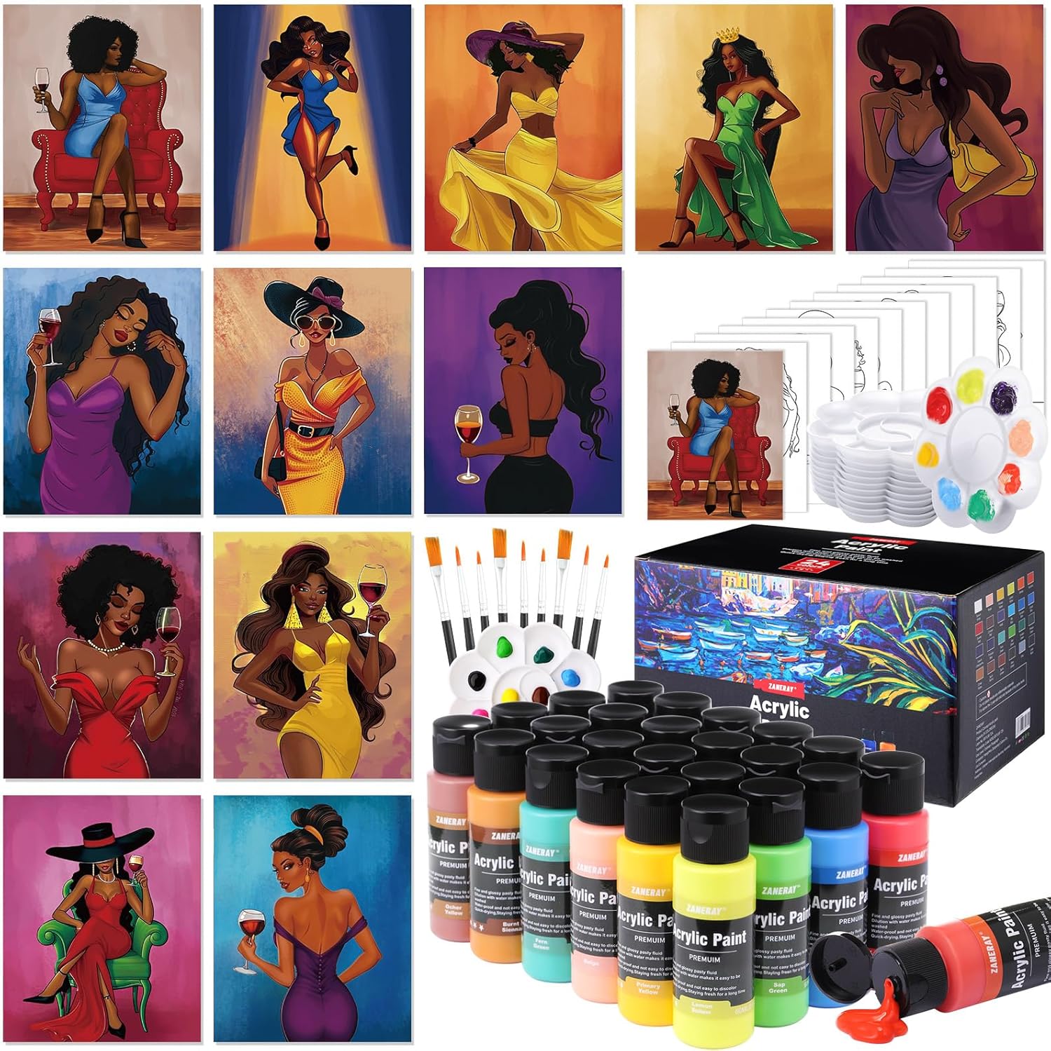 12 Set Paint and Sip Kit for Adults with Pre Drawn Canvas