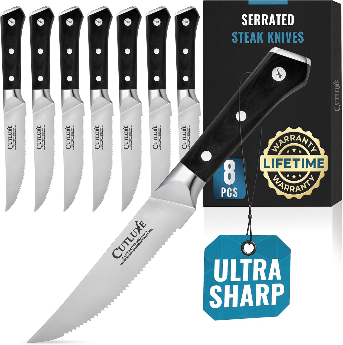 Cutluxe Steak Knives Set of 8 - Premium Serrated Knives