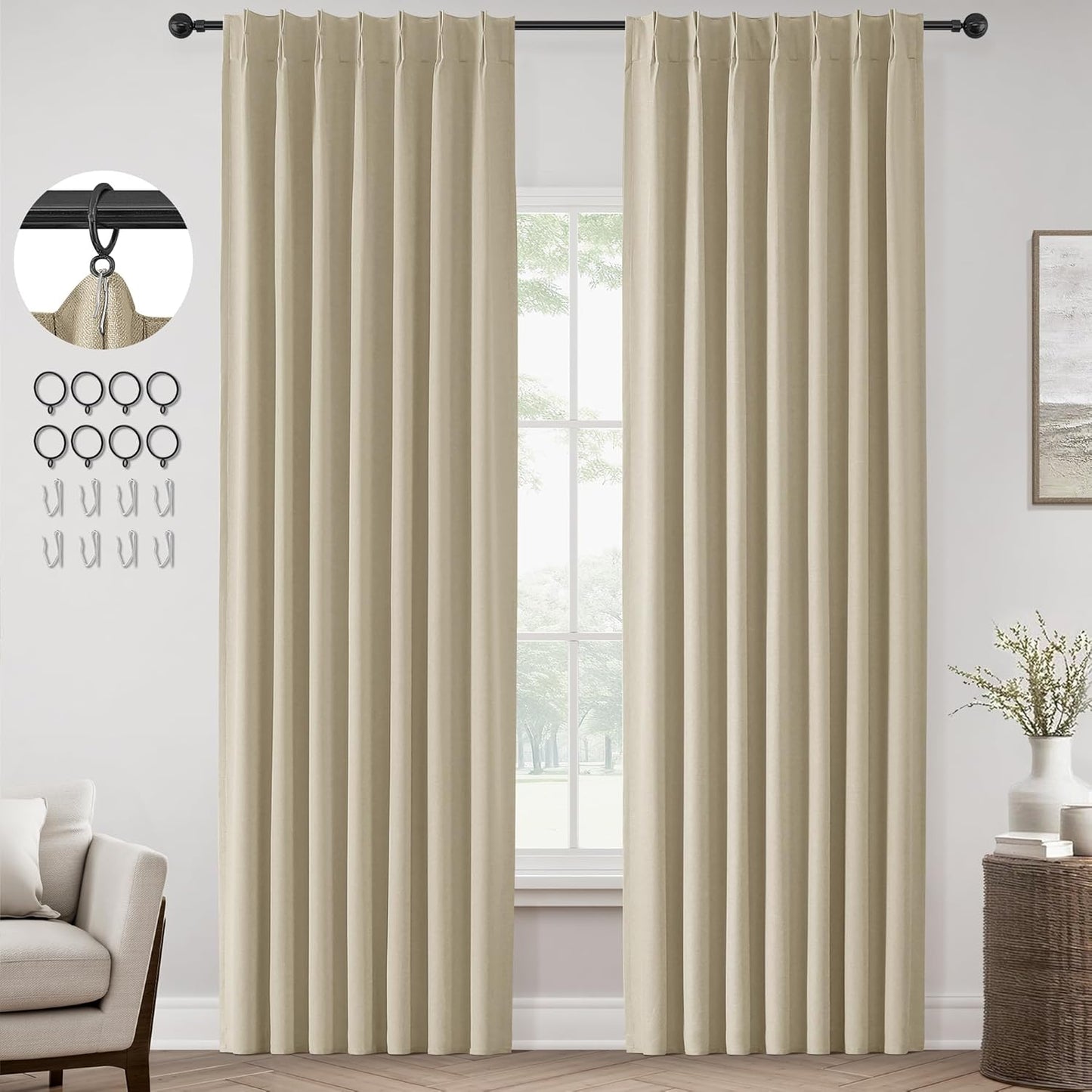 ChrisDowa Greyish Beige Pinch Pleated Blackout Curtains 90 in
