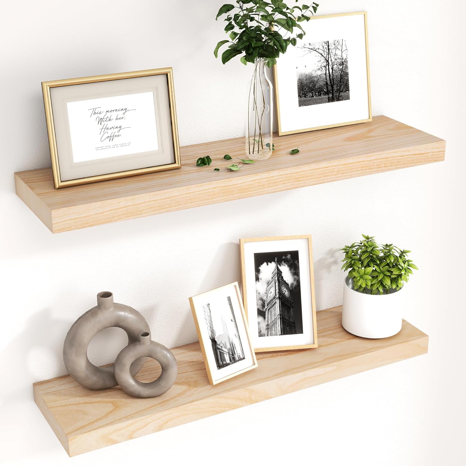 Natural Wood Floating Shelves for Wall - 30 Inch Set of 2