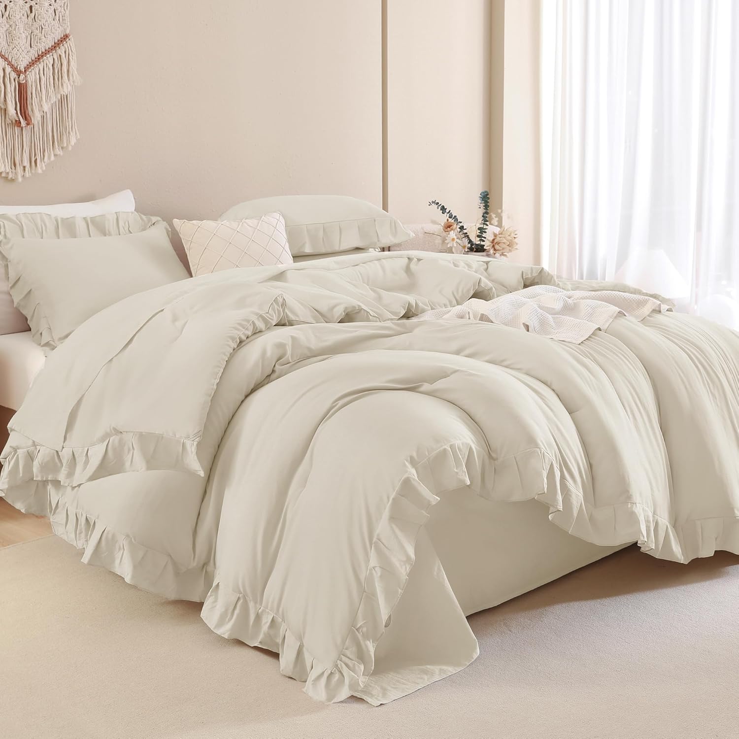 Beige Twin Size Ruffle Comforter Set for Kids by Andency