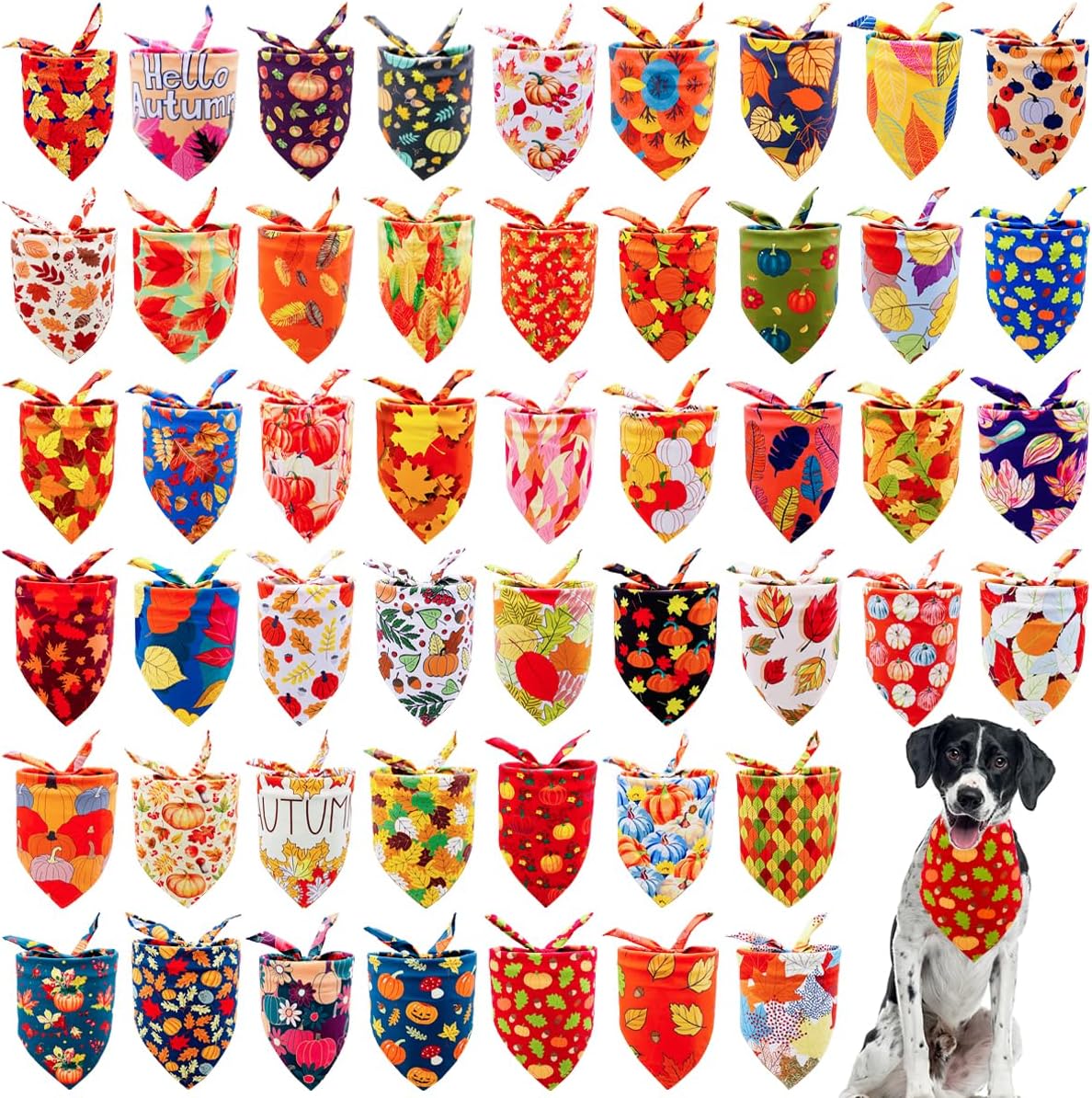 100PCS Dog Bandanas for Autumn with Pumpkin and Leaves Patterns