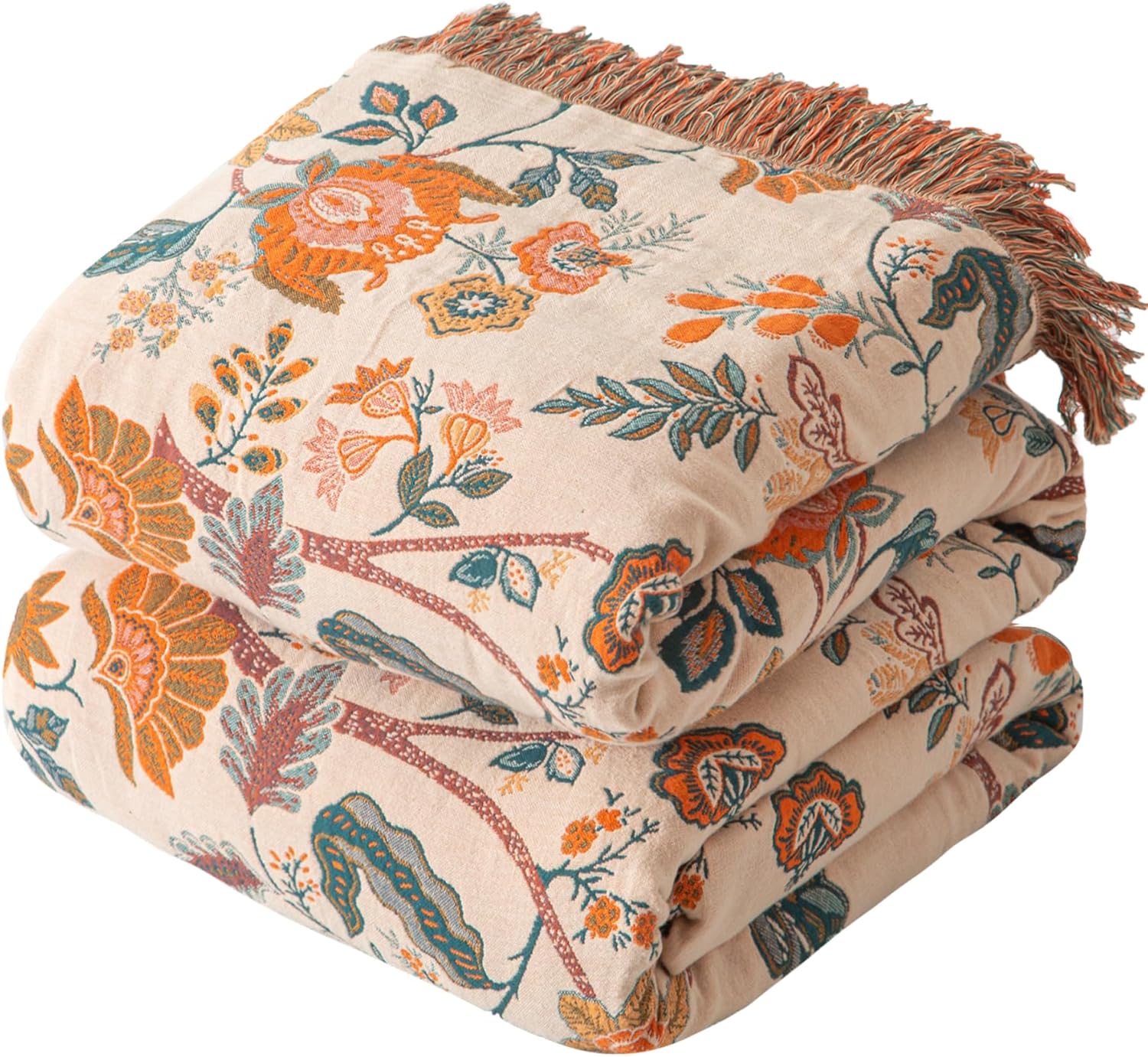 Boho Throw Blanket for Couch Sofa Bed, 100% Cotton Woven Quilt