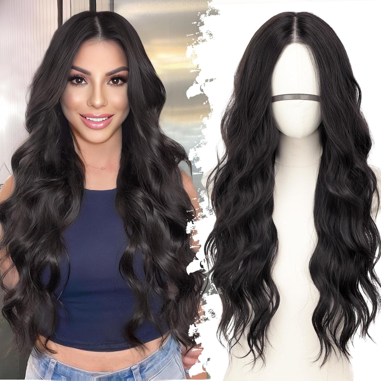 Natural Black Long Wavy Wig for Women - 26Inch HD Lace Style